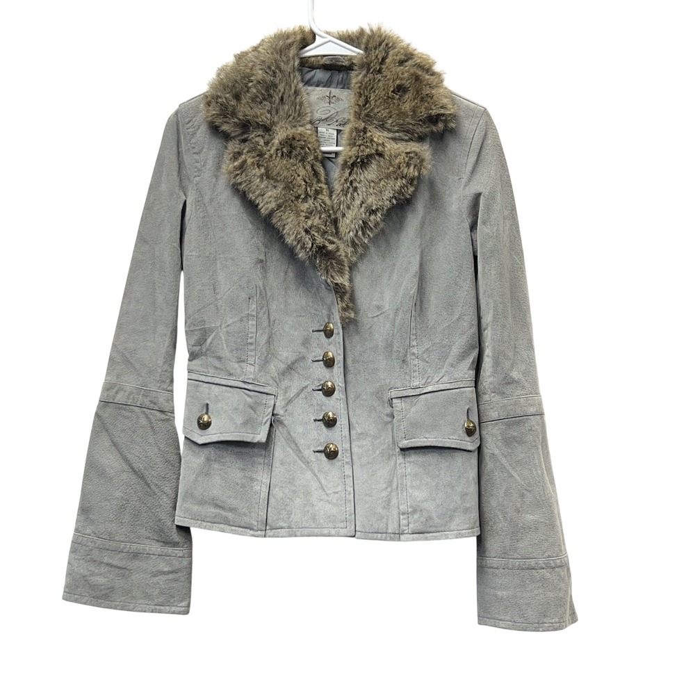 BB Dakota Womens Leather Jacket M Gray‎ Faux Fur Trim Steampunk Goth Western